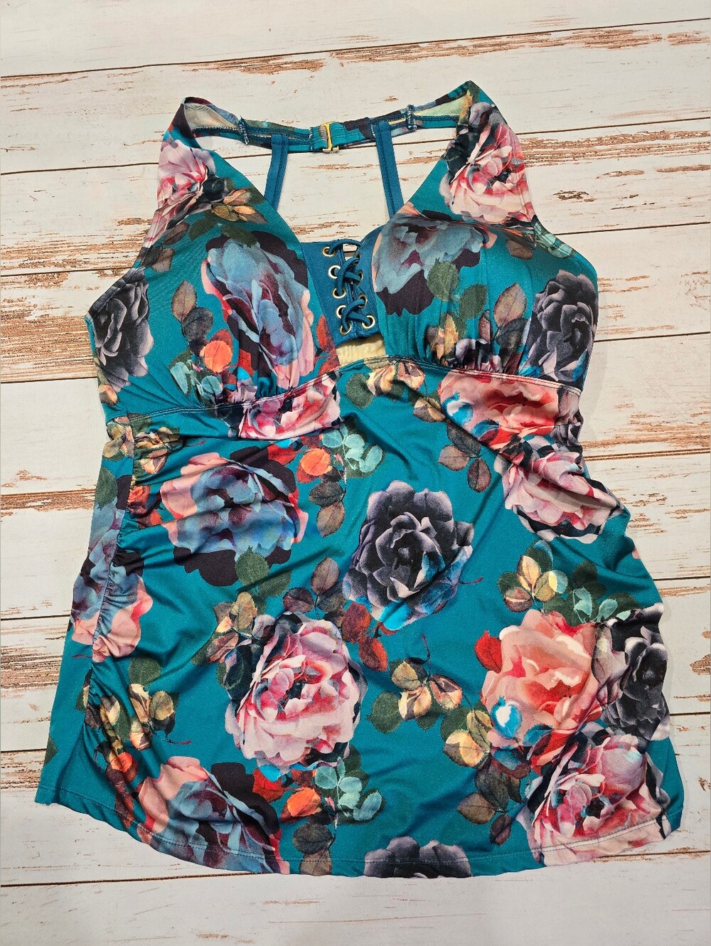 Cacique SWIM Tankini Top Ruched Teal Green Floral 22